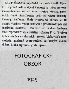 zpráva o výstavě fotoklubu 1925